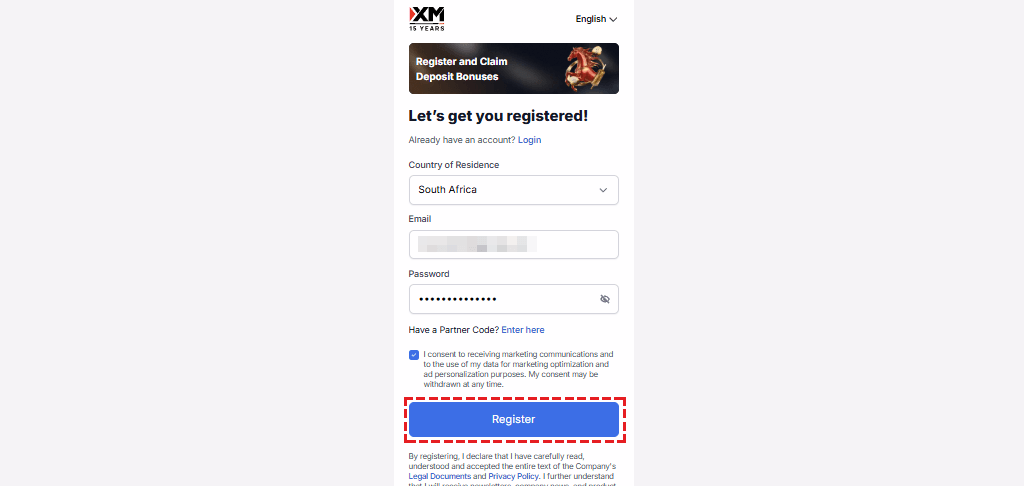 XM registration form with fields for country, email, password, and a submit button