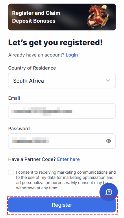 XM member registration form — email and password entry screen (mobile)