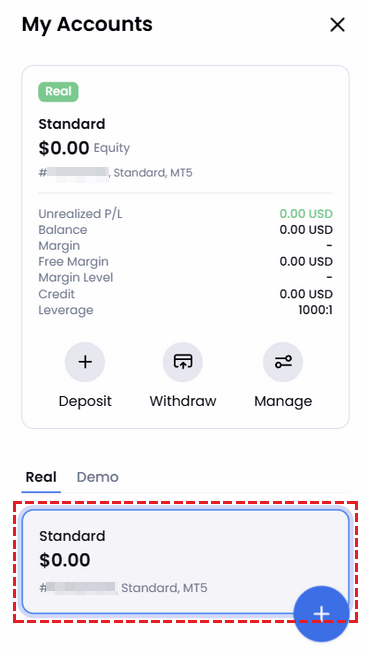 Location of the automatically created MT5 Standard account after XM registration, shown in the top right and right side of the screen