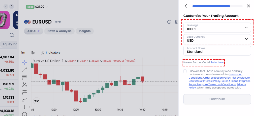 XM trading account leverage and base currency selection screen, with guidance on opening the partner code input field