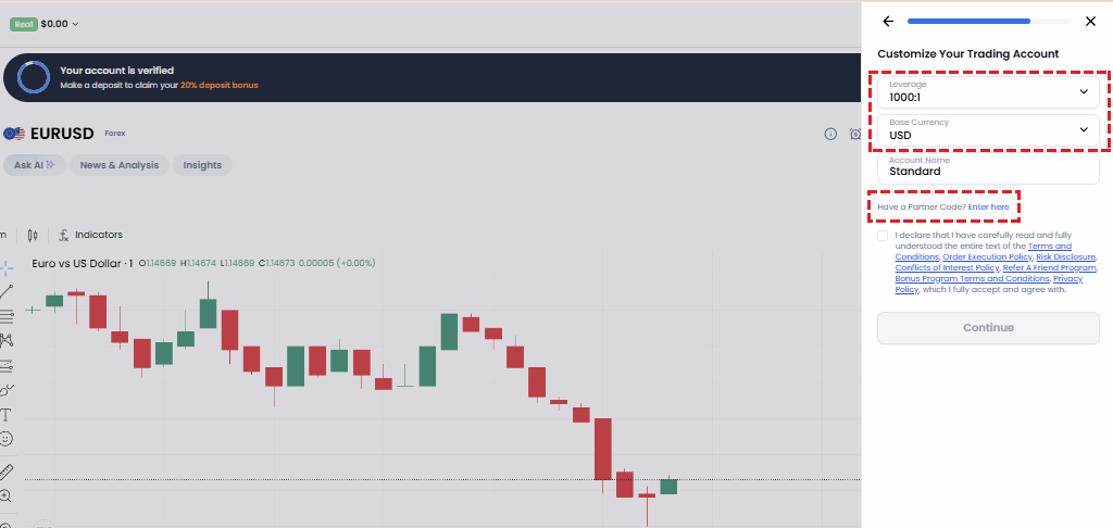 XM trading account leverage and base currency selection screen, with guide to opening the partner code entry field