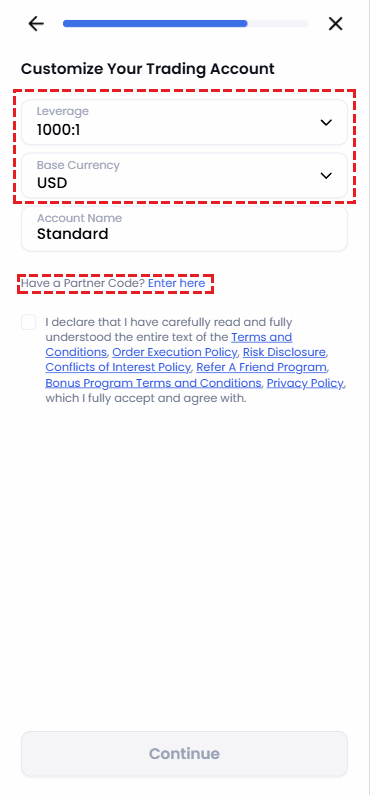 XM trading account leverage and base currency selection screen, with guide to opening the partner code entry field