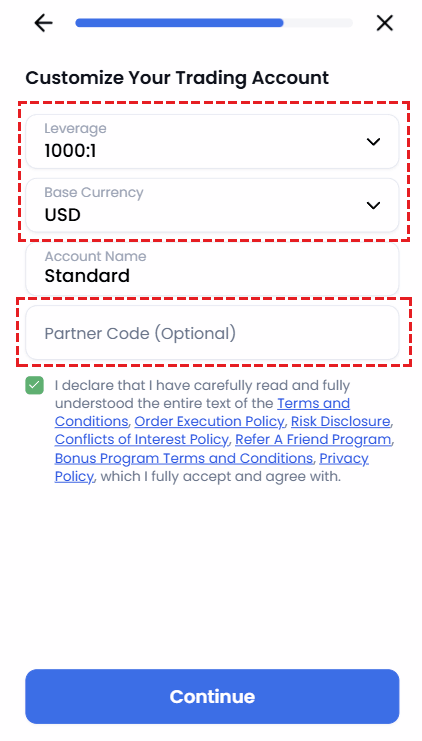 XM trading account leverage and base currency selection screen, with guidance on opening the partner code input field