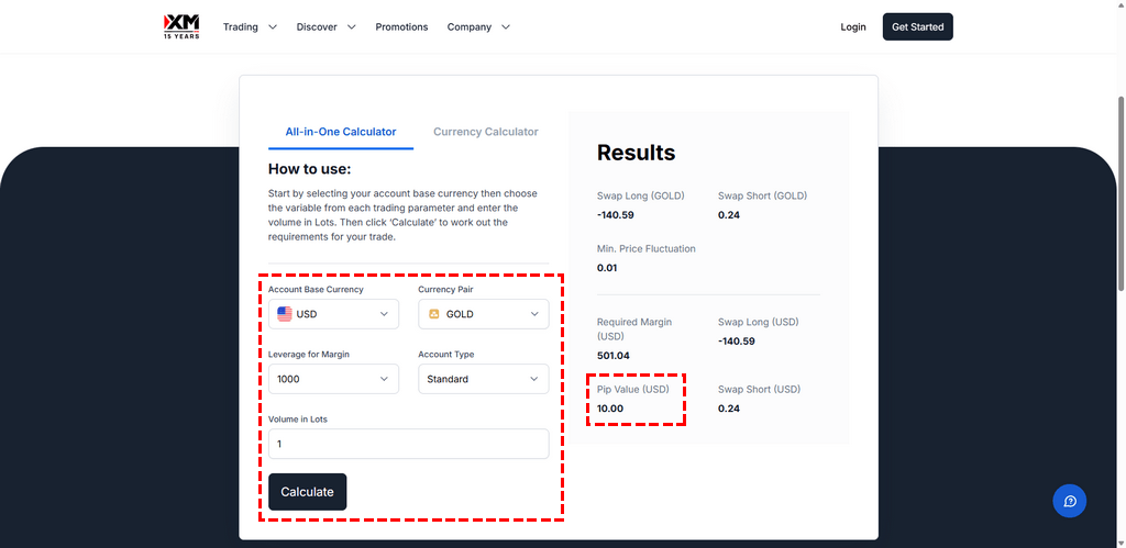 Example of entering trading conditions and viewing calculation results in the XM Forex Calculator