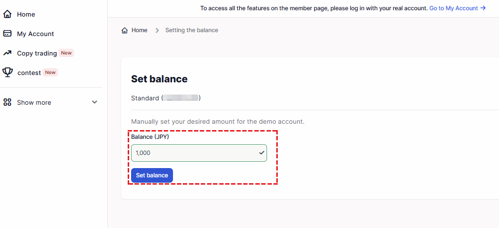 XM demo account leverage selection dropdown and confirmation button