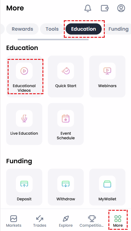 XM Member Area screen showing how to access the English video learning course on mobile