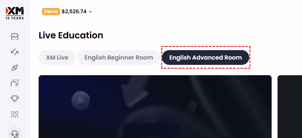 XM Member Area screen showing the English Advanced Room webinar access