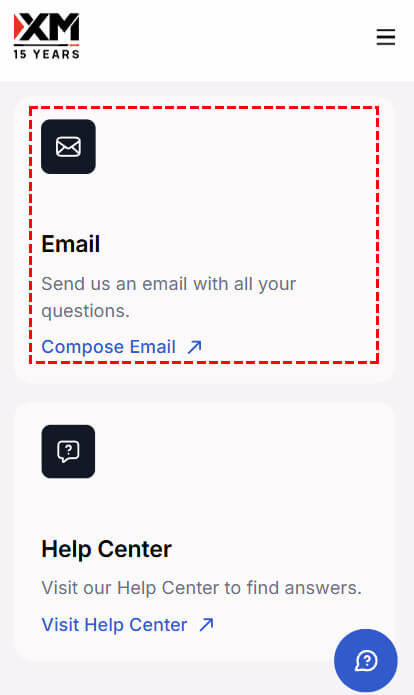 XM customer support contact page for email enquiries on mobile