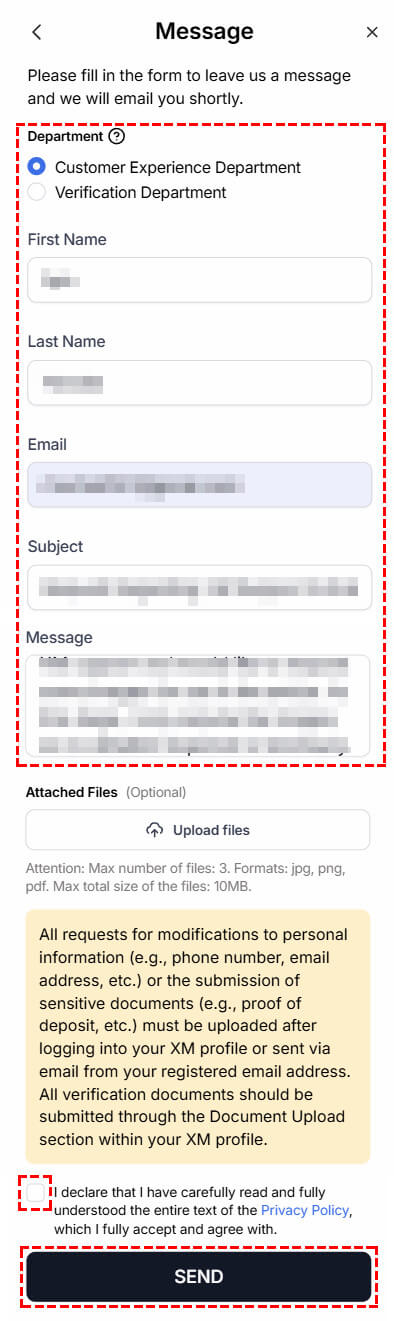 XM email form showing department selection and message fields on mobile