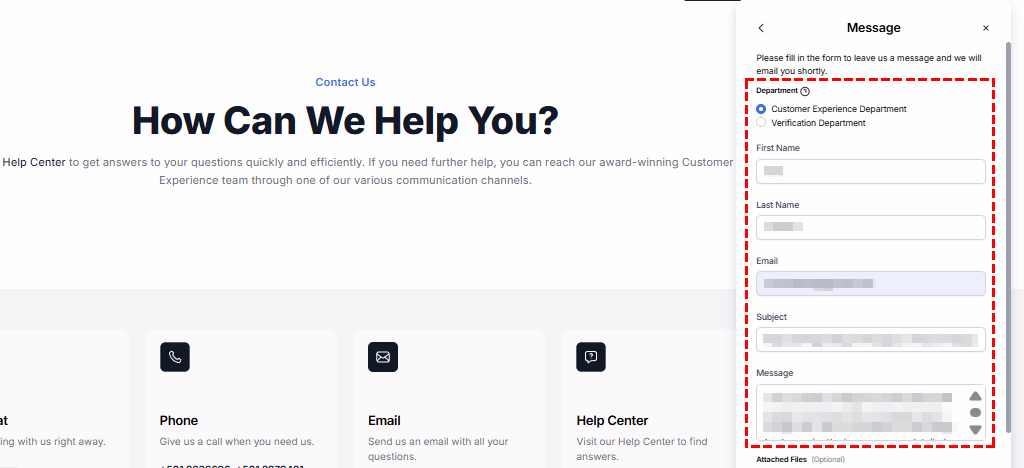 XM email form showing department selection and message fields