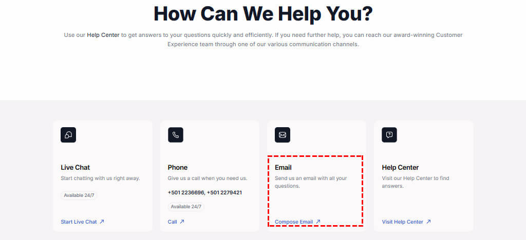 XM customer support contact page for email enquiries