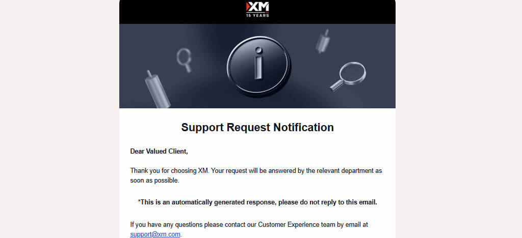 XM support request confirmation email reply