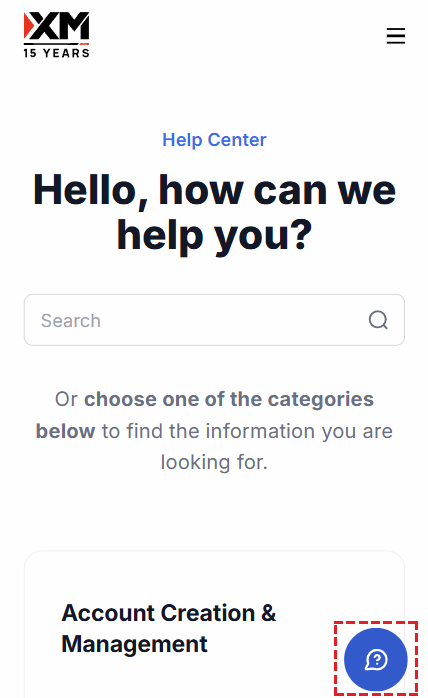 XM Help Centre FAQ screen on mobile