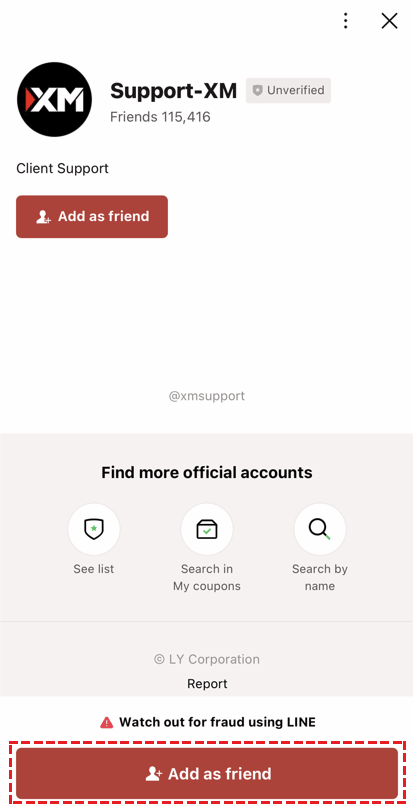 Adding XM as a friend on LINE to begin chatting with support
