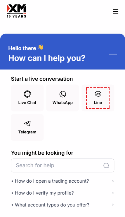 XM contact method selection window with LINE messaging app option on mobile