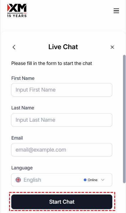 How to enter your name and email to start XM Live Chat on mobile