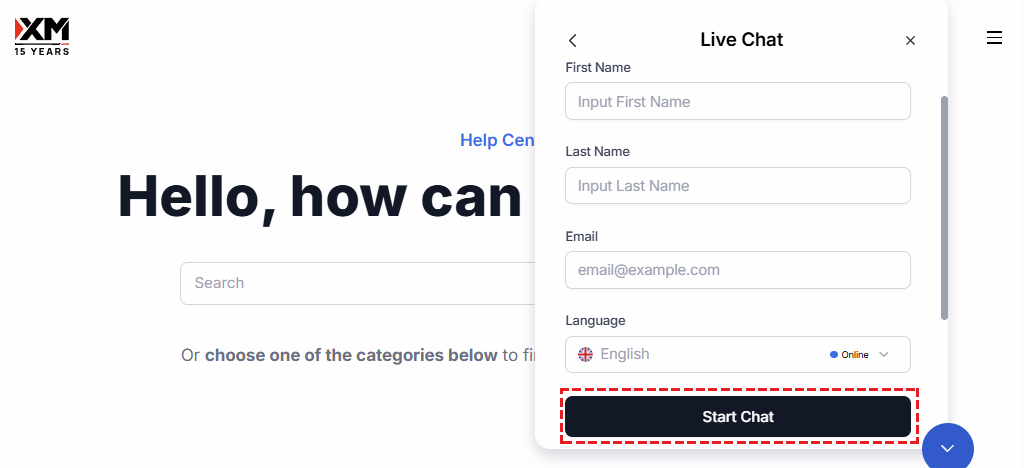 How to enter your name and email to start XM Live Chat
