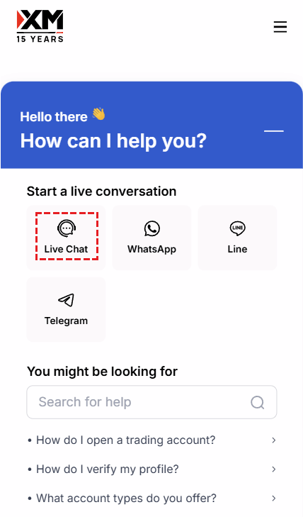 XM contact method selection screen highlighting the Live Chat option on mobile
