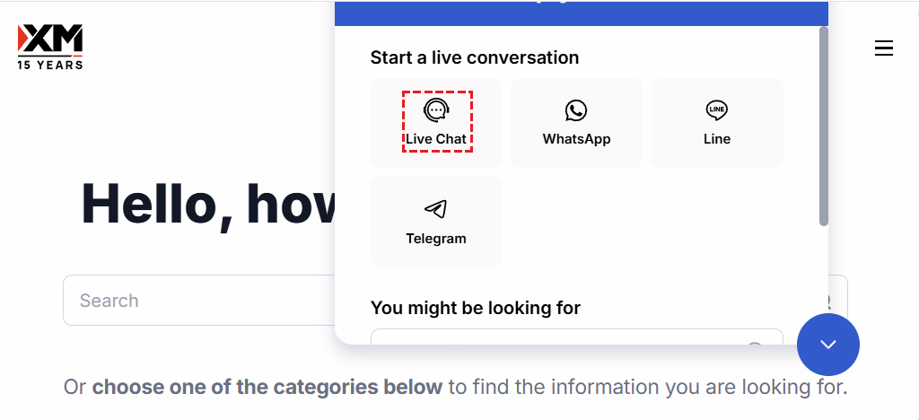 XM contact method selection screen highlighting the Live Chat option