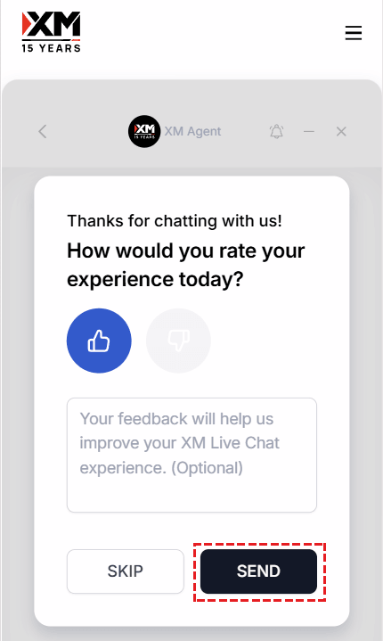 XM Live Chat post-session customer satisfaction survey screen on mobile