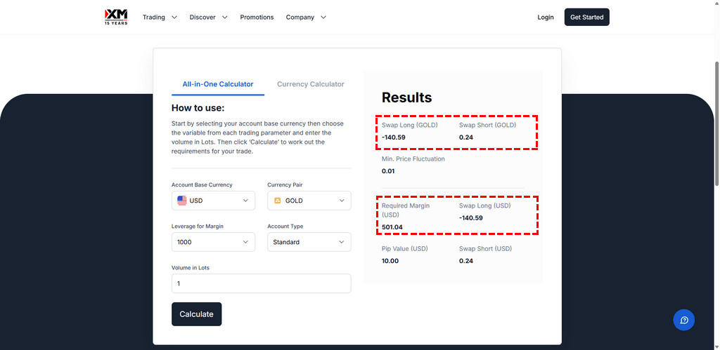 XM Swap Calculator desktop version showing swap rate calculation interface