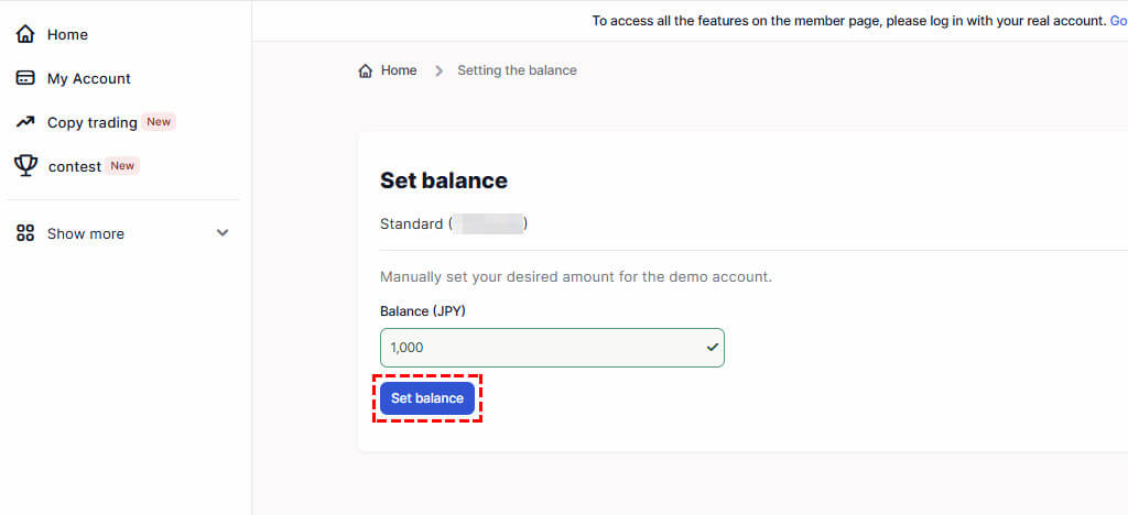 XM Set Balance screen with input field for entering new demo account balance