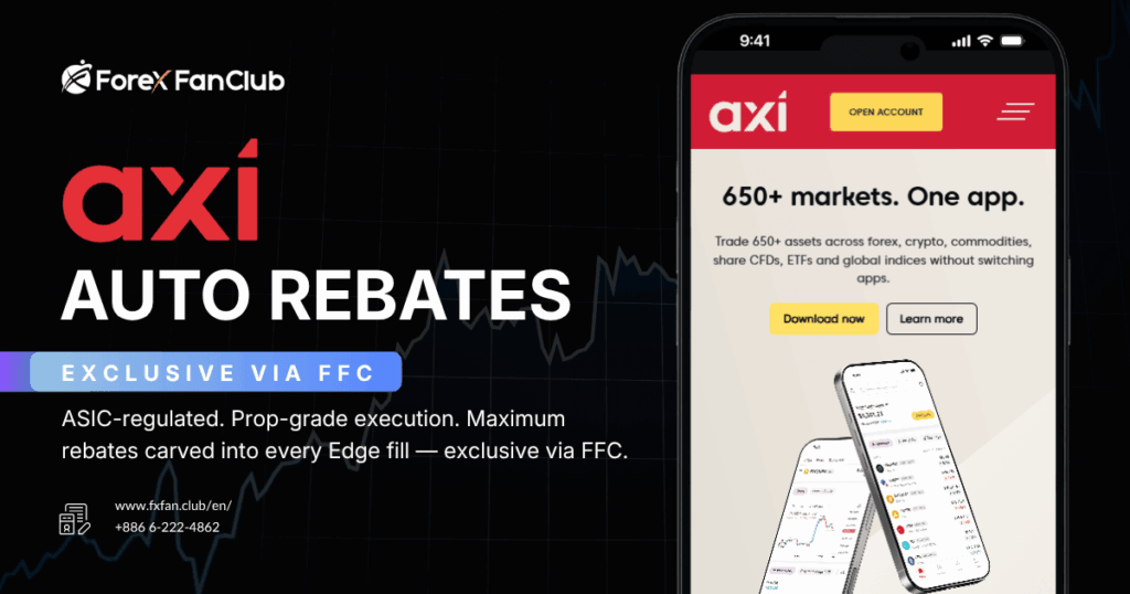 Axi auto rebate promotional banner — ASIC-regulated prop-grade broker offer exclusive via Forex FanClub