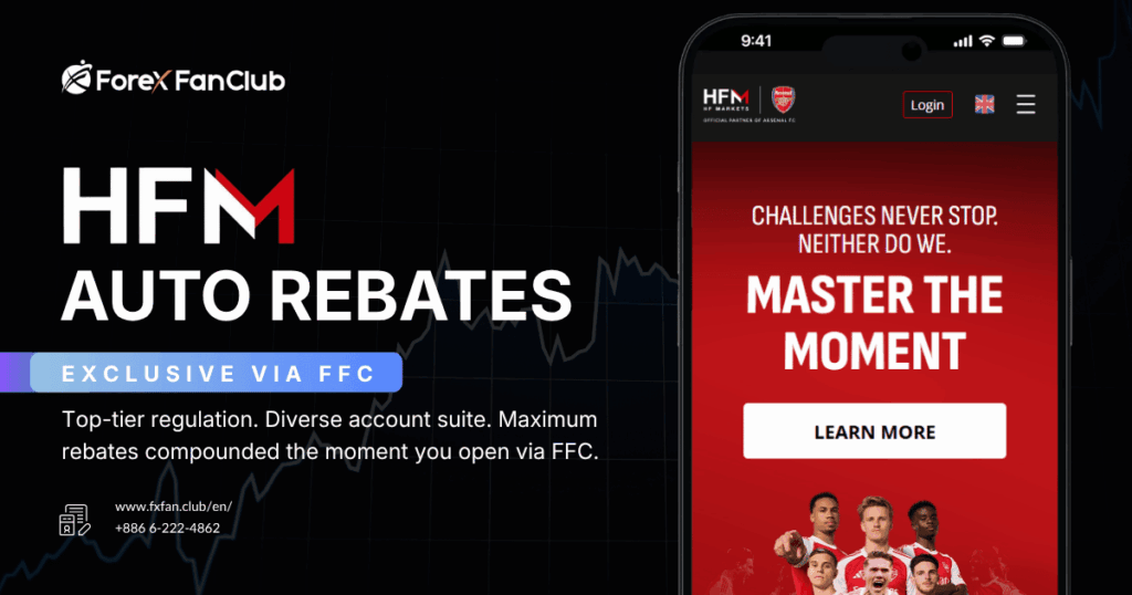 HFM auto rebate promotional banner — multi-licensed global broker offer exclusive via Forex FanClub