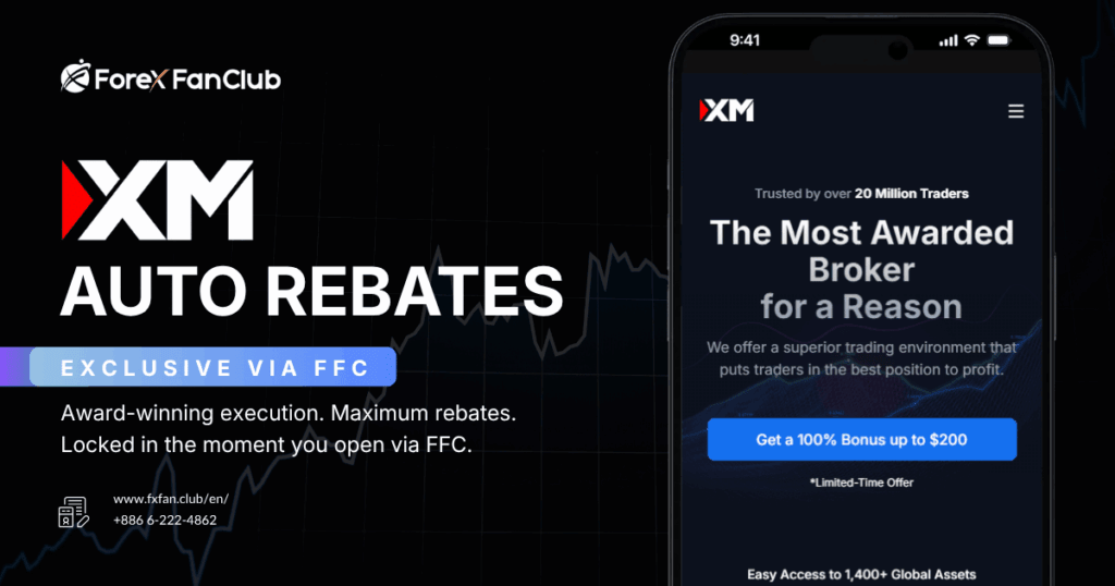 XM auto rebate promotional banner — award-winning broker offer exclusive via Forex FanClub