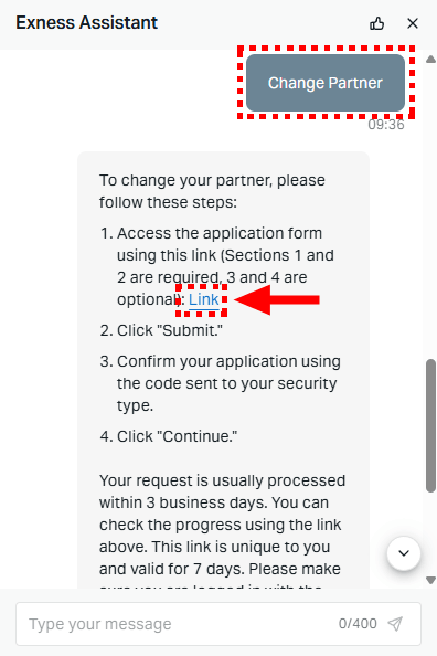แชท Exness Assistant (หน้าจอภาษาอังกฤษ) ตอบ Change Partner ด้วย 4 ขั้นตอนและลิงก์แบบฟอร์มเปลี่ยนพาร์ทเนอร์