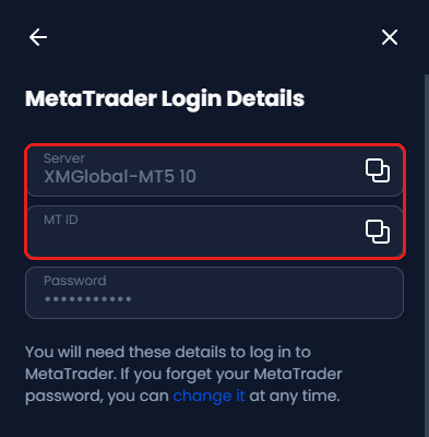 หน้าจอ MetaTrader Login Details ของ XM โดยกรอบสีแดงแสดงช่อง Server และ MT ID (ซ่อน MT ID ไว้)