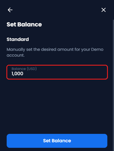 หน้าจอ Set Balance ของบัญชี Demo XM กรอบสีแดงคือช่อง Balance (USD)