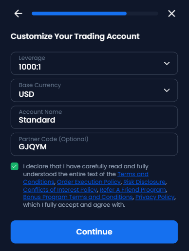 XM Customize Your Trading Account screen with the partner code GJQYM entered in the Partner Code (Optional) box
