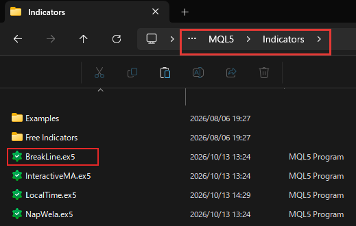 ภาพภาษาอังกฤษ: ไฟล์ BreakLine.ex5 ในโฟลเดอร์ MQL5 Indicators ของ MT5