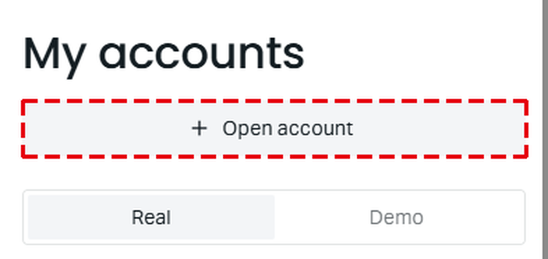 The My accounts screen of the Exness Personal Area on a phone, with the Open account button at the top framed in red, and the Real and Demo tabs