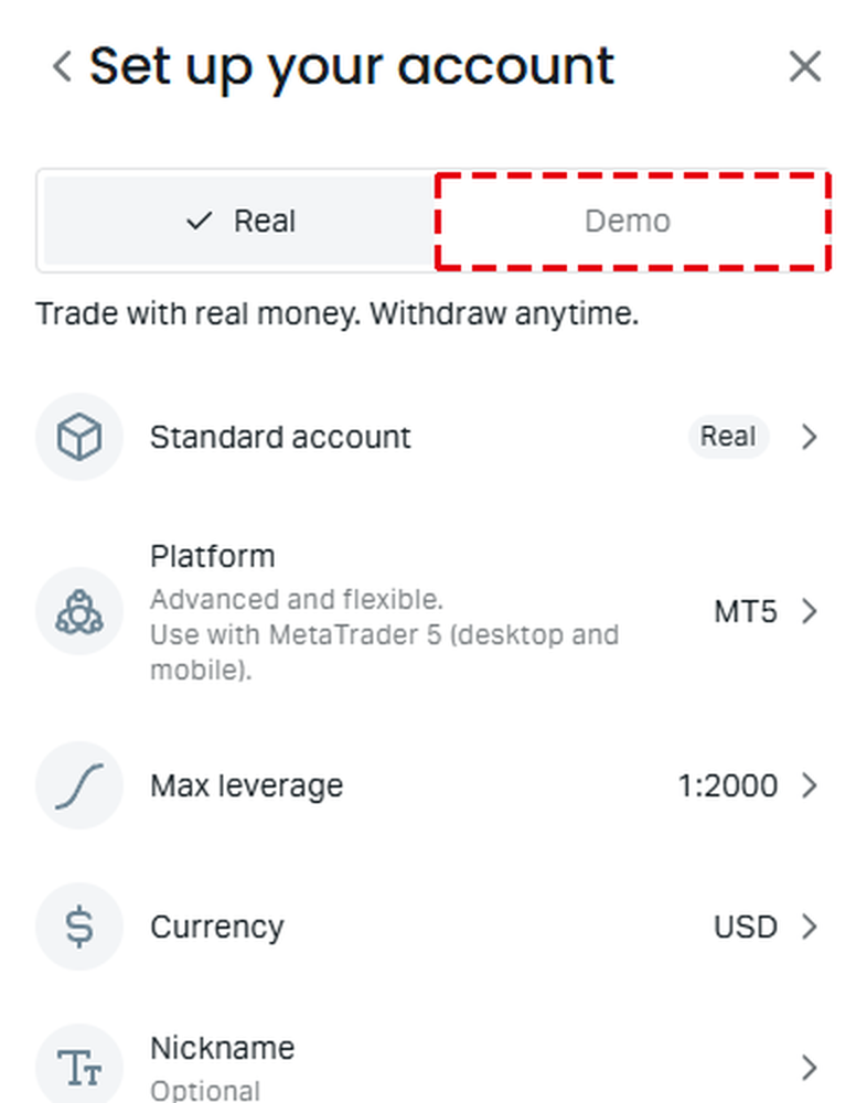 The Set up your account screen on a phone, with the Demo tab at the top framed in red, and the Platform, Max leverage, Currency and Nickname rows