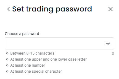 The Set trading password screen on a phone: Choose a password, between 8 and 15 characters, at least one upper and one lower case letter, at least one number and at least one special character