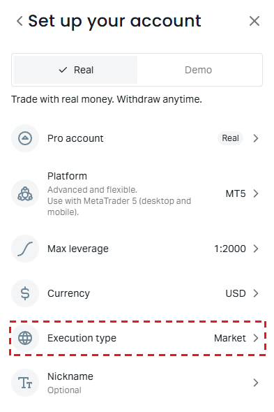 Exness Set up your account screen for a Pro account: Real, Platform MT5, Max leverage 1:2000, Currency USD, and the Execution type row framed in red