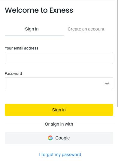 The Exness sign-in page on a phone: the Sign in tab, the Your email address and Password fields, the yellow Sign in button, Or sign in with Google, and the I forgot my password link