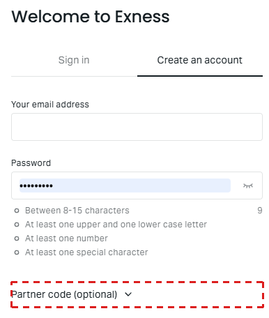 Exness registration form on a phone, with the Partner code (optional) row under the password
