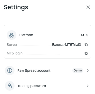 The Settings screen of an Exness MT5 trading account on a phone: Platform MT5, the server, the MT5 login, the account type and Trading password