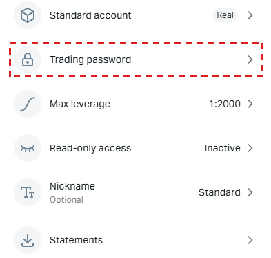 Exness trading account settings on a phone with the Trading password row framed in red