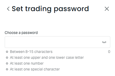 Exness Set trading password screen with the four password rules