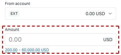 Exness withdrawal form on a phone with From account and Amount in USD, with the limits 200.00 - 60,000.00 USD under it framed in red