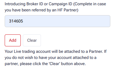 HFM app, the Introducing Broker ID or Campaign ID box with 314605 entered and the Add button