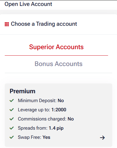 HFM app, Open Live Account screen, Choose a Trading account with the Premium card