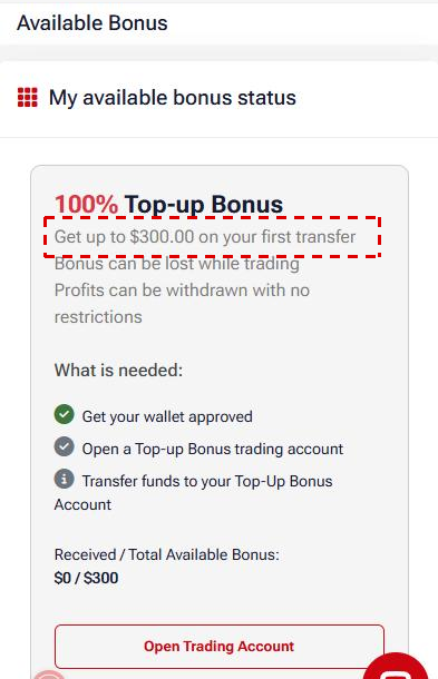 HFM Client Area, Available Bonus screen on a phone: the 100% Top-up Bonus card with 