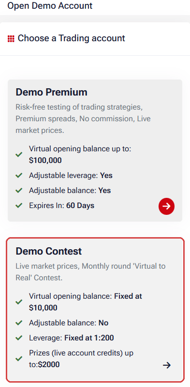 HFM Client Area, Open Demo Account on a phone: the Demo Premium card and the Demo Contest card framed in red, with a fixed opening balance of $10,000, fixed leverage of 1:200 and prizes up to $2000 in live account credits