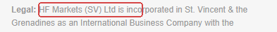 Bottom of an HFM Client Area page: the Legal line, with the company name HF Markets (SV) Ltd framed in red