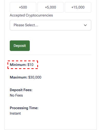 HFM Deposit screen on a phone, Crypto Payments method: Minimum $10 framed in red, with the maximum, the fees and the processing time